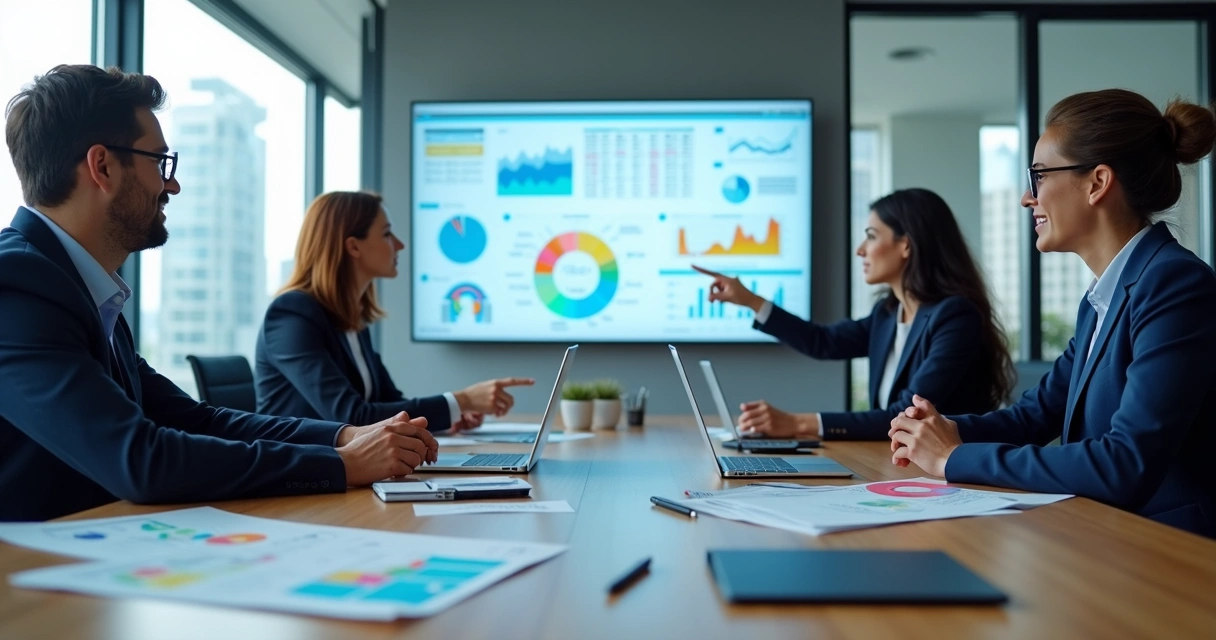 Equipe de marketing analisando painel de dados em escritório moderno