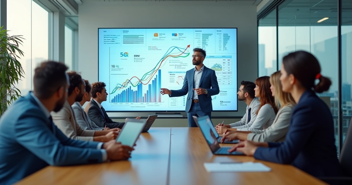 Equipe de marketing analisando dados digitais em telão com gráficos coloridos