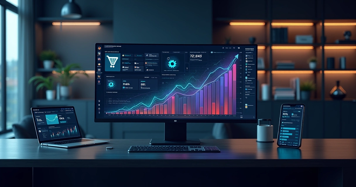 Tela de dashboard de ecommerce mostrando gráficos de crescimento e automação