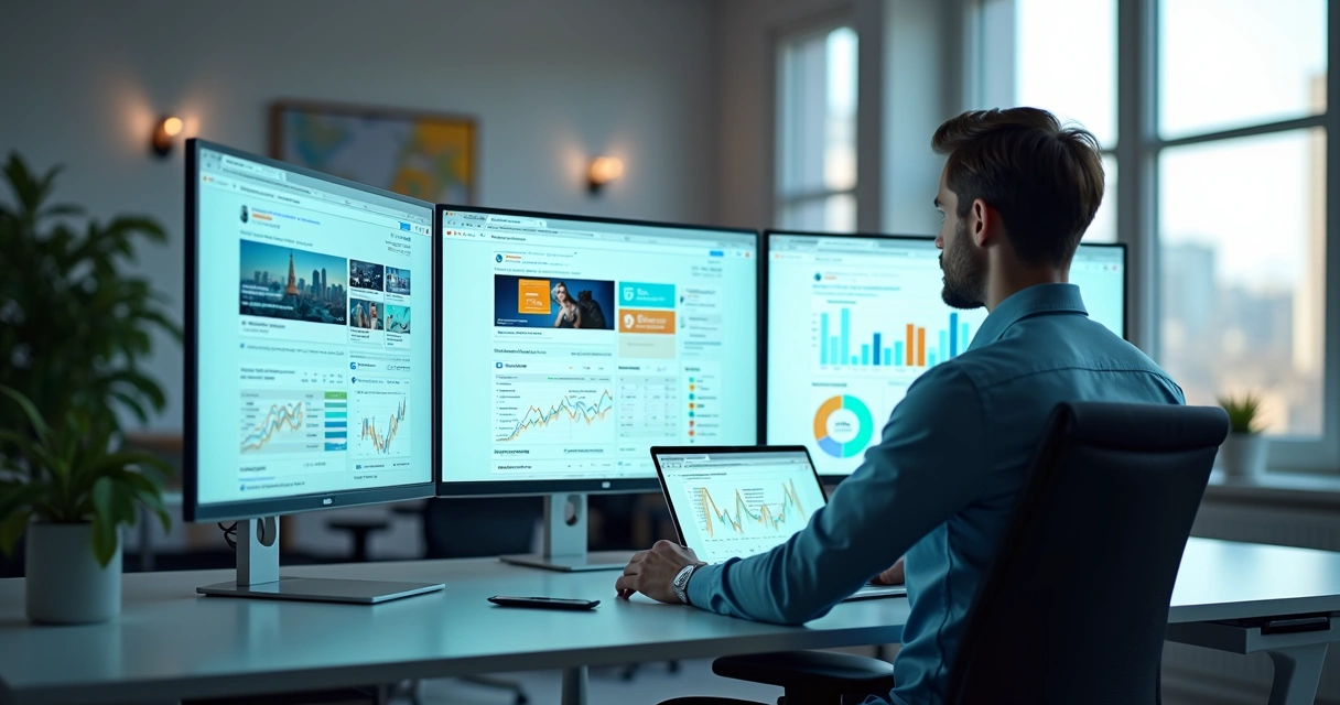 Profissional analisa painel de propaganda digital com gráficos e anúncios em múltiplas telas