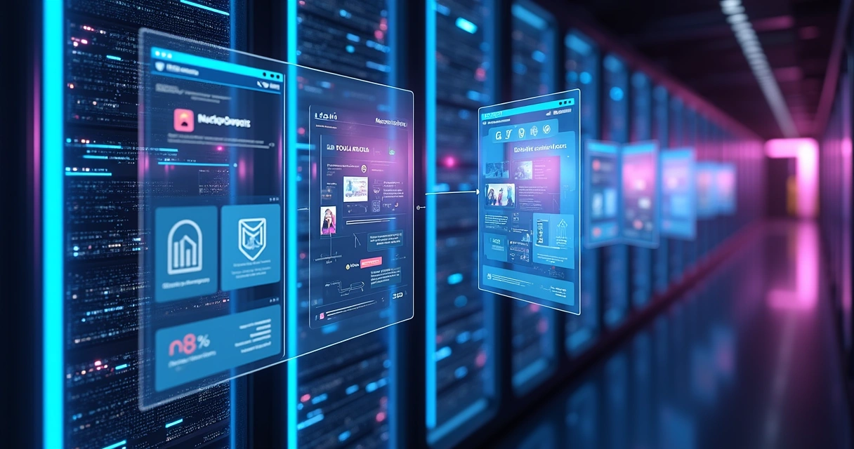 Interface de anúncios digitais flutuando sobre chips NVIDIA e servidores com ícones de IA