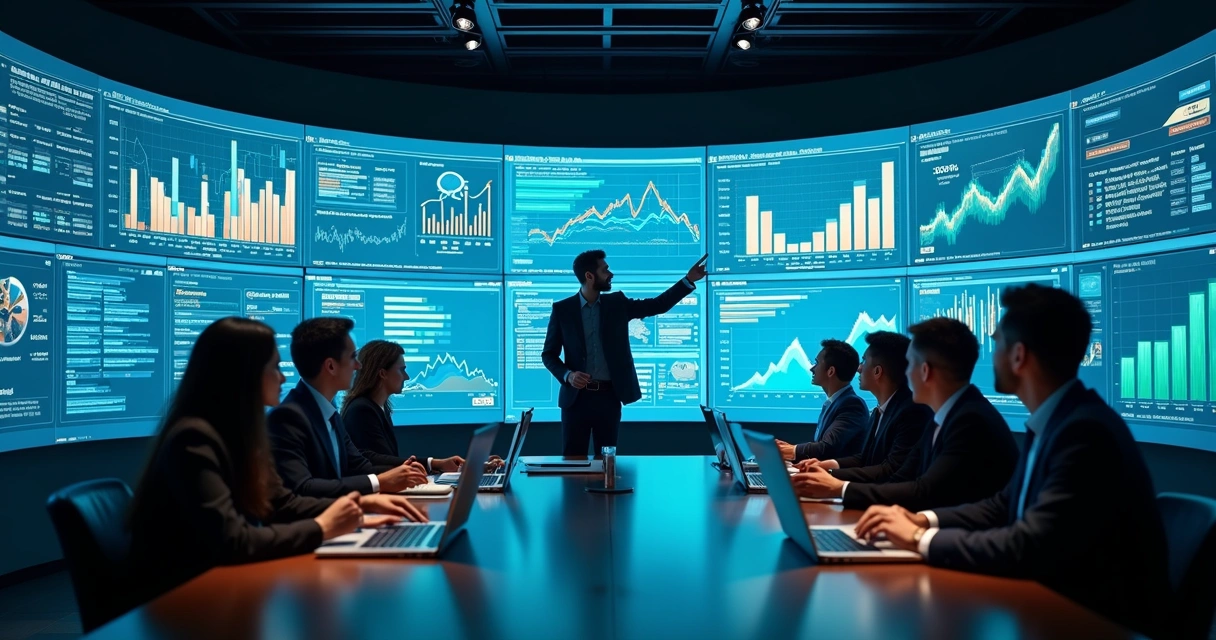 Profissional analisa dashboards de publicidade e dados em telas gigantes