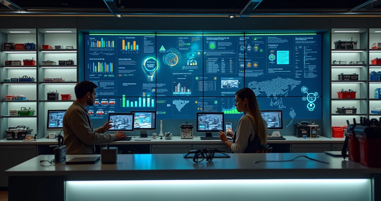 Loja de baterias automotivas com painel digital mostrando dados de marketing e vendas