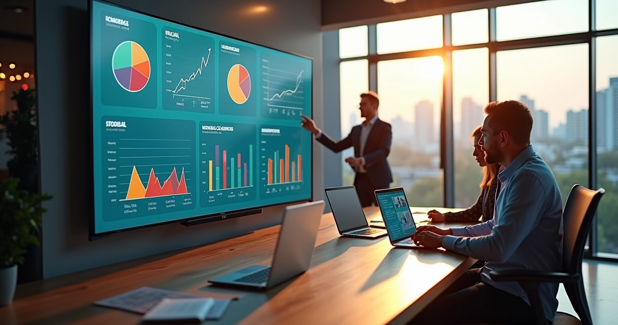 Equipe analisa marketing digital em empresa local de Piracicaba em frente a painel de dados