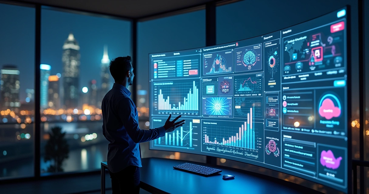 Profissional analisa painel digital com dados de marketing, IA e redes sociais