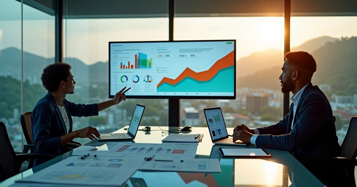 Empresários observando painel digital de marketing com dados e gráficos em escritório moderno