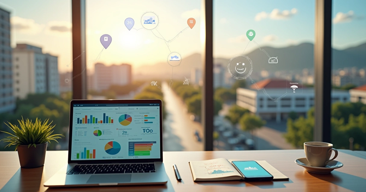 Vista aérea de Jundiaí com ícones digitais sobrepostos representando estratégias de marketing para negócios locais