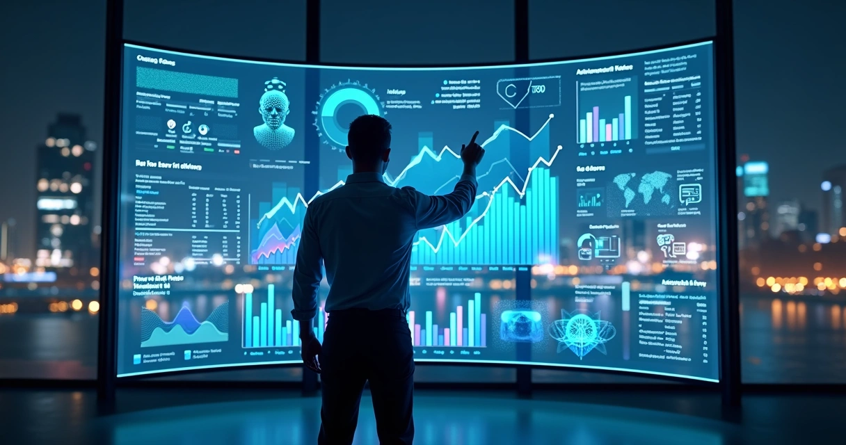Profissional de marketing analisa painel digital com dados e ícones de inteligência artificial