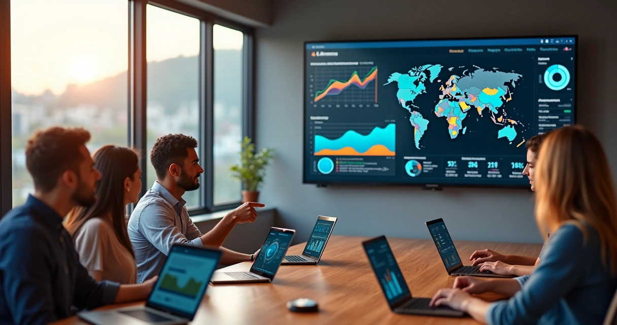 Profissionais analisando painel de marketing digital em escritório moderno de Jundiaí