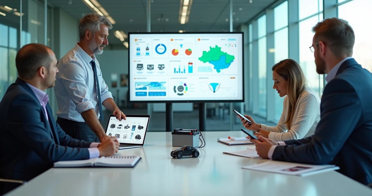 Gestor de autopeças em reunião com agência de marketing analisando dados de vendas e e-commerce de baterias