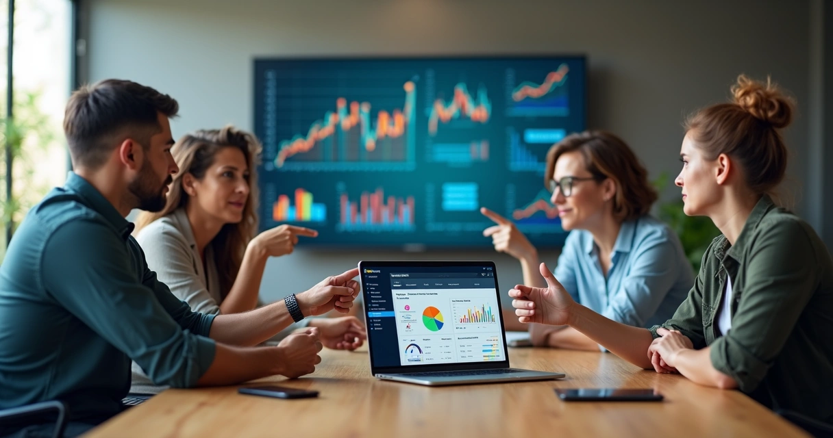 Equipe de pequena empresa analisando painel de automação de marketing em vários dispositivos