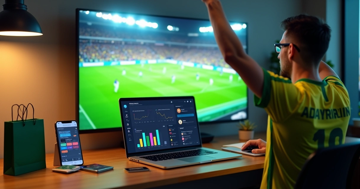 Torcedor assistindo jogo da Copa do Mundo em frente a notebook com painel de marketing digital