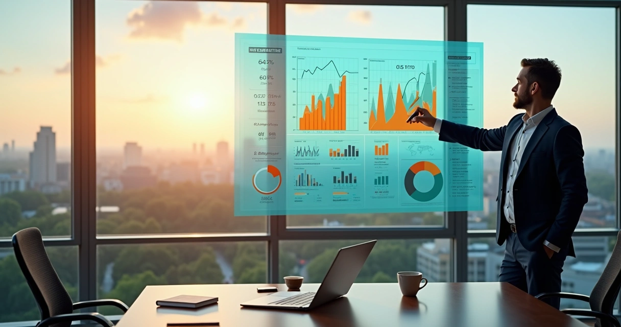 Executivo analisando painel de dados de vendas com vista panorâmica de Jundiaí ao fundo