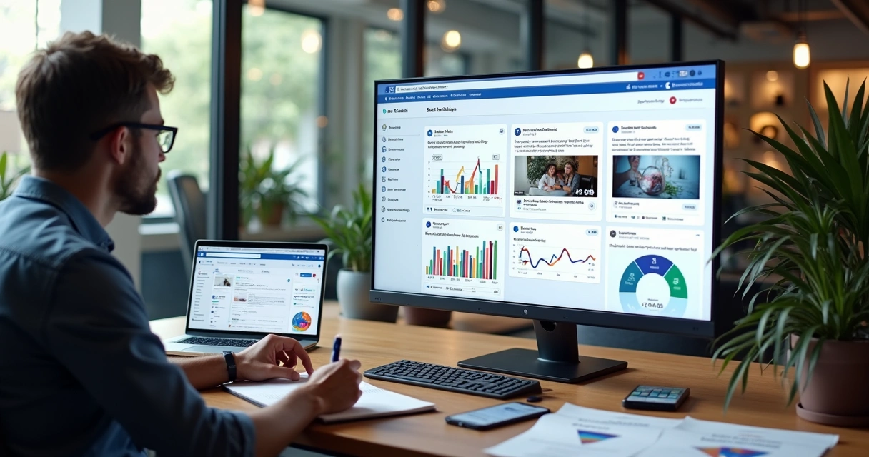 Profissional analisa painel de campanhas de Facebook Ads em tela grande com gráficos e anúncios