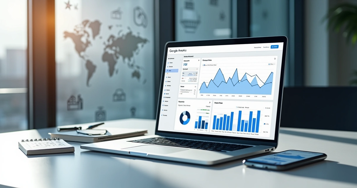 Painel do Google Analytics exibido em laptop com gráficos de acessos e conversões de um site