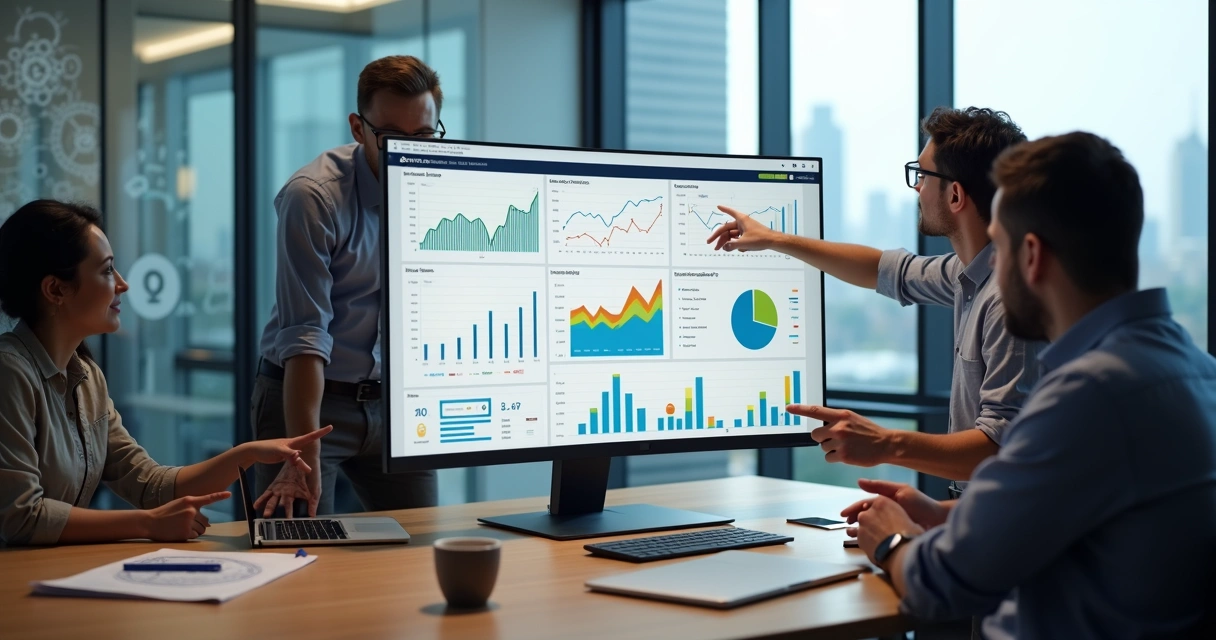 Equipe analisando painel de automação de marketing com gráficos em alta