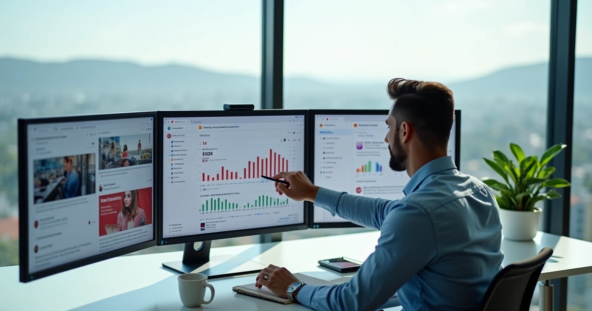 Gestor de marketing analisando erros nas redes sociais em painel digital com ícones e gráficos