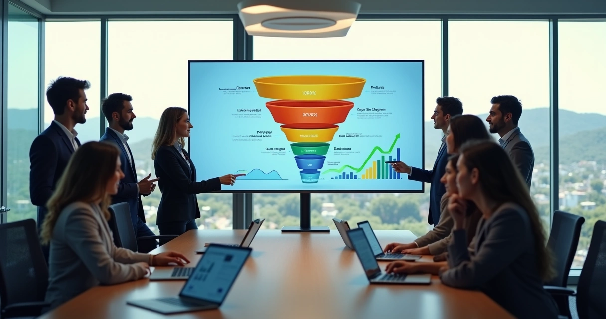 Equipe de negócios analisando funil de vendas B2B em painel digital em escritório moderno