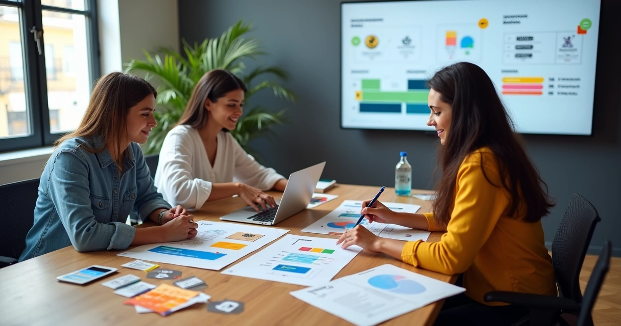 Mesa de trabalho com equipe criando identidade visual estratégica para negócios