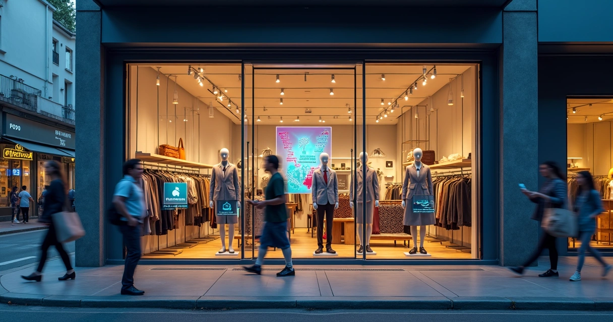 Vitrine de loja física com dados digitais e inteligência artificial no varejo