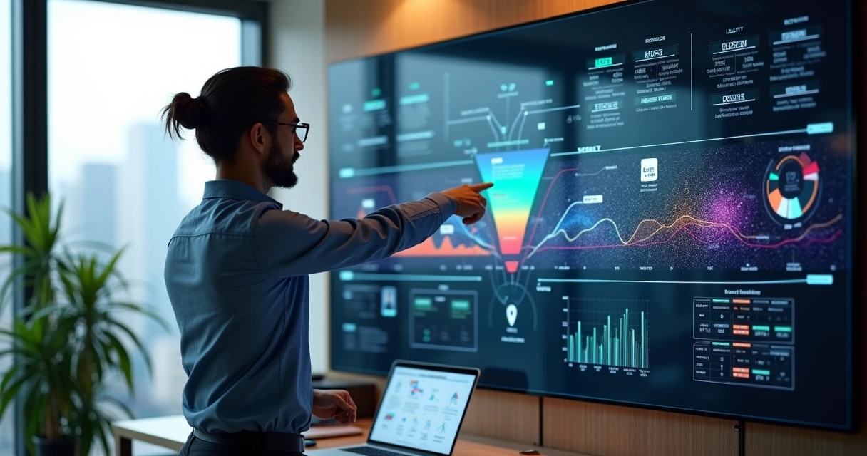 Profissional analisa jornada do cliente digital em painel com funil de vendas e canais integrados