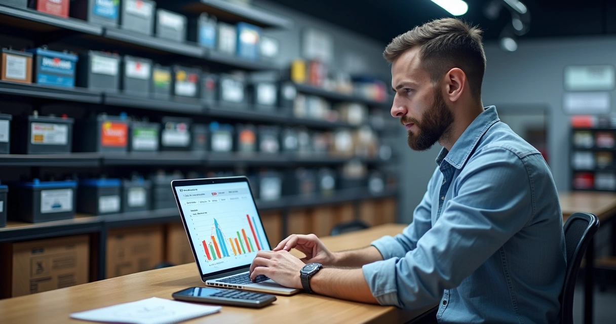 Dono de loja de baterias analisando campanhas de anúncios digitais no notebook ao lado de prateleiras de baterias