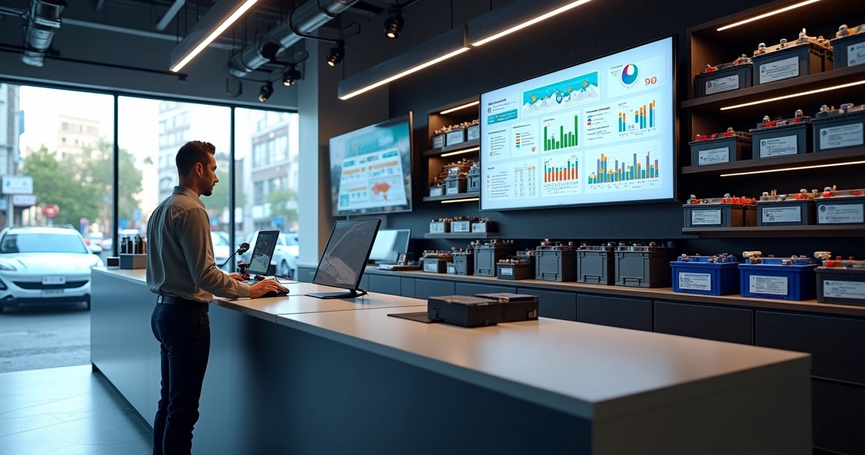 Atendente de loja de baterias automotivas olhando tela com gráficos de marketing digital ao lado de prateleiras de baterias