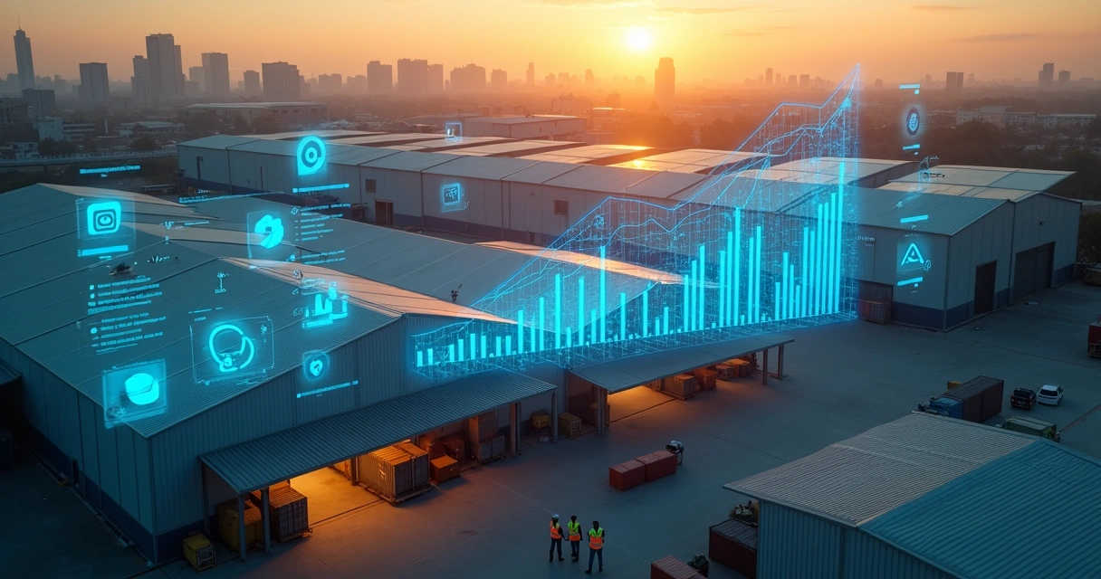 Vista aérea de fábrica moderna em São Paulo com gráficos digitais flutuando