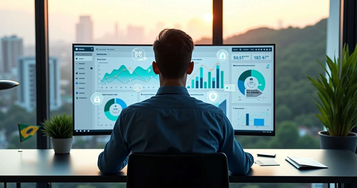 Profissional analisa dados de marketing digital com ícones de LGPD e cidade ao fundo