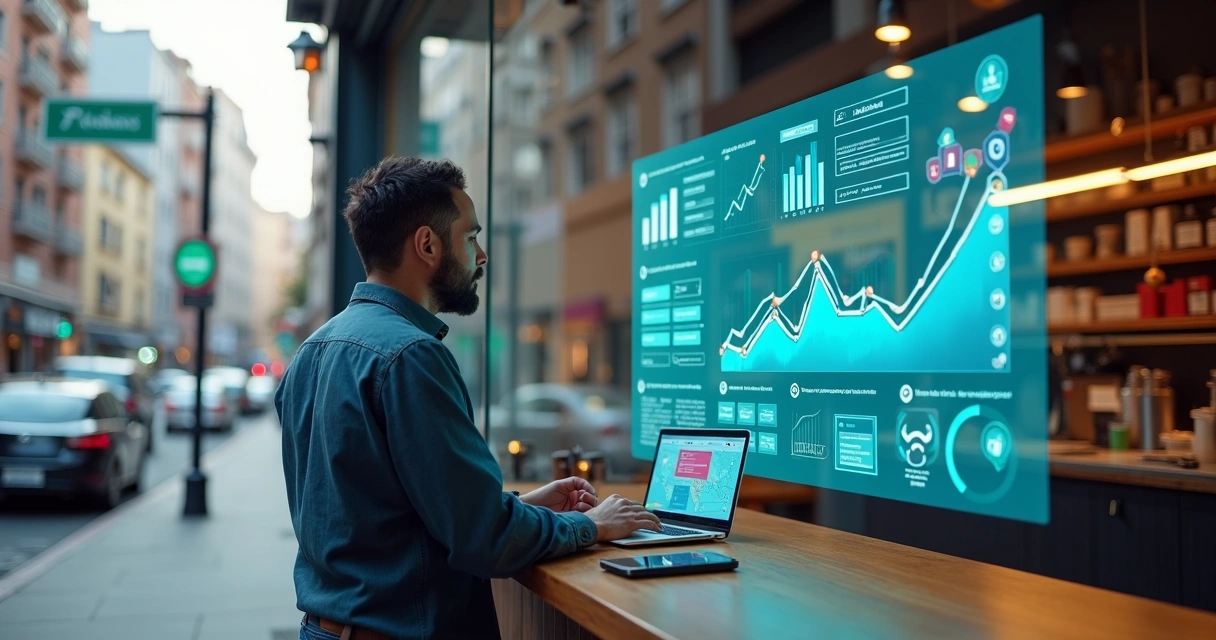Empresário em São Paulo analisando painel digital de captação de leads em loja local