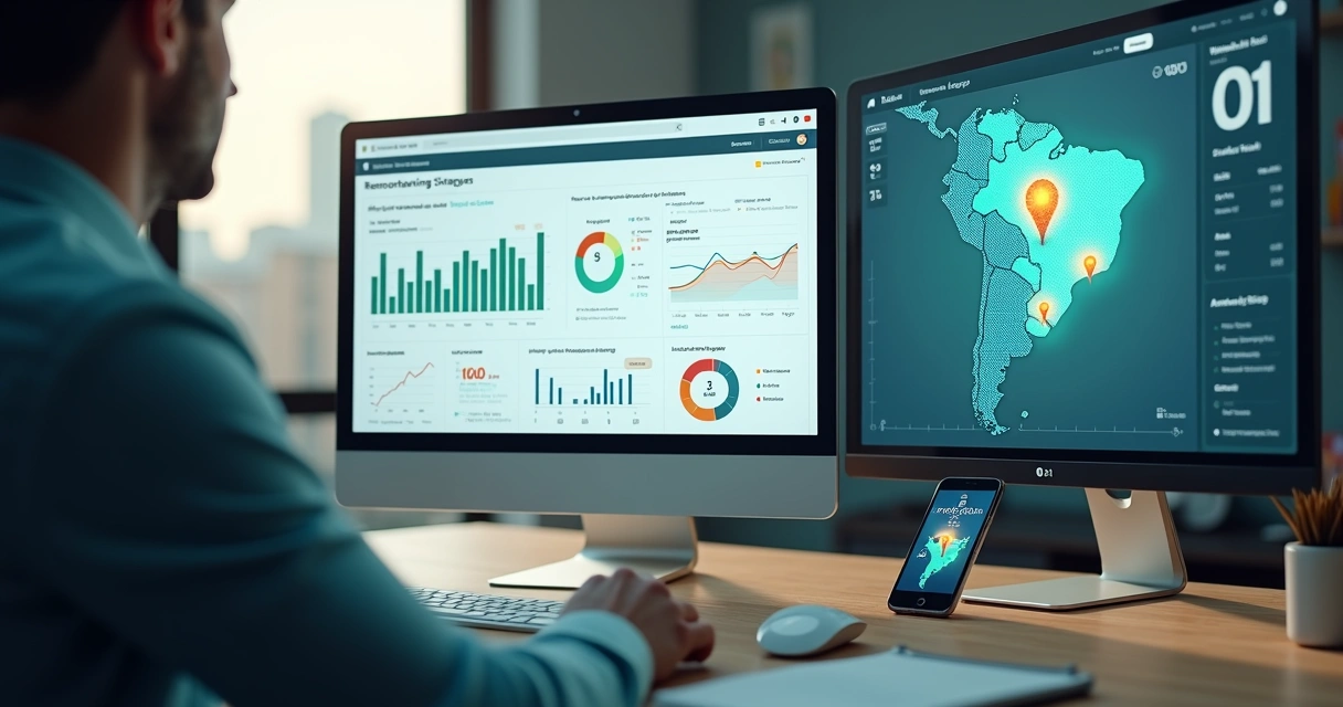 Tela de computador com painel de remarketing e mapa destacando Jundiaí ao fundo