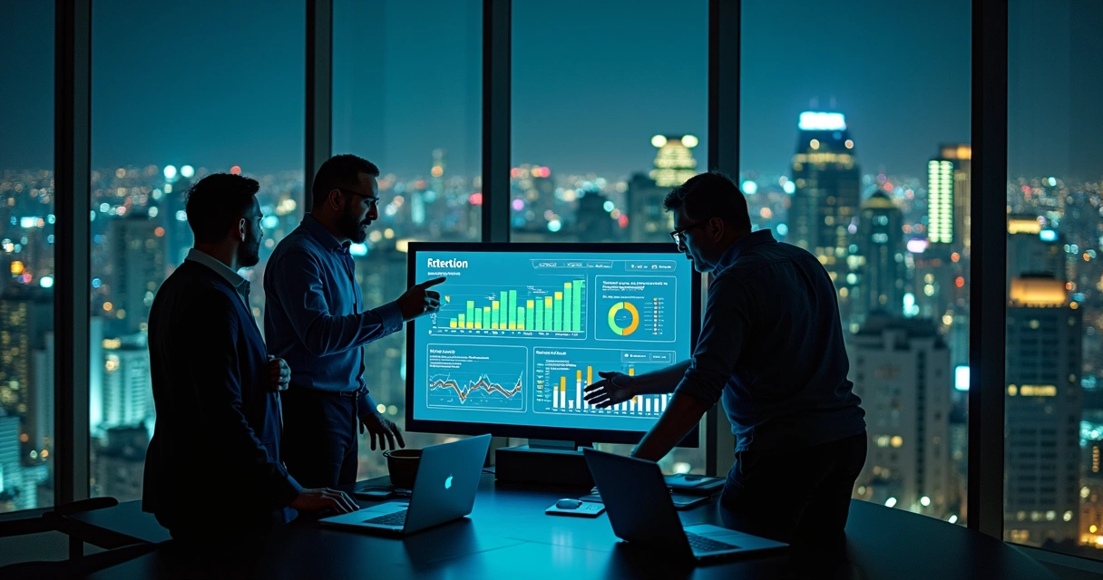 Equipe de marketing analisando dados de retenção de clientes em São Paulo em um painel digital