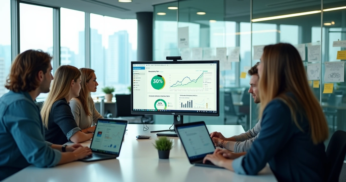 Painel de métricas de taxa de conversão em tela grande em escritório de marketing digital