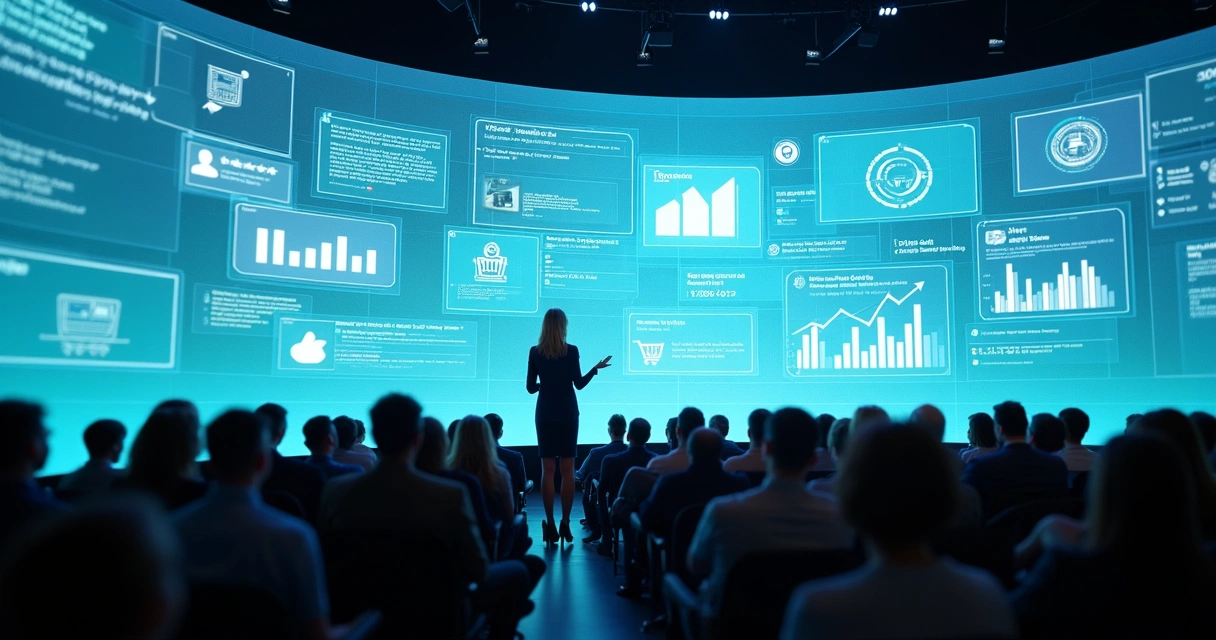 Empresária em destaque em grande auditório com projeções digitais ao fundo