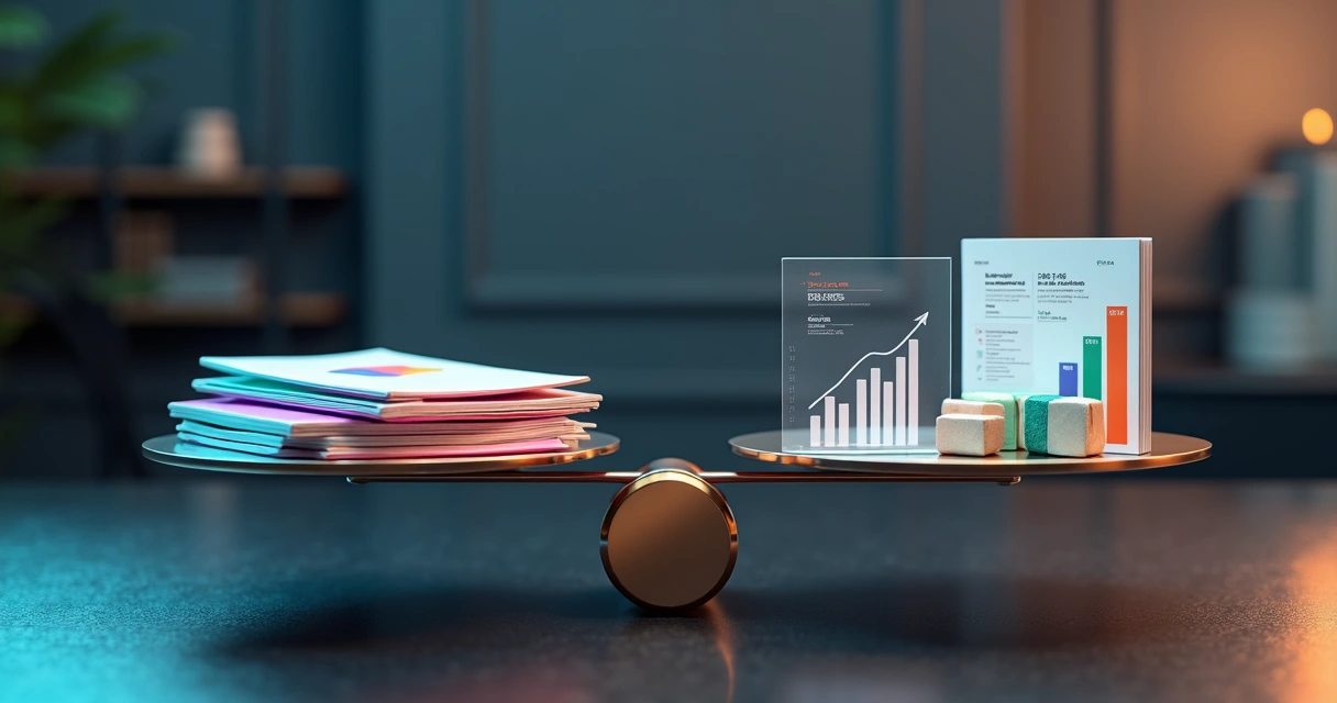 Balança comparando identidade visual colorida e gráficos de vendas em crescimento