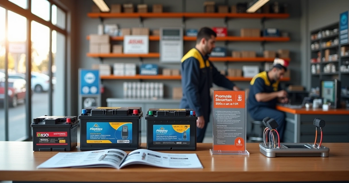 Balcão de loja de baterias automotivas organizado com baterias e materiais de marketing