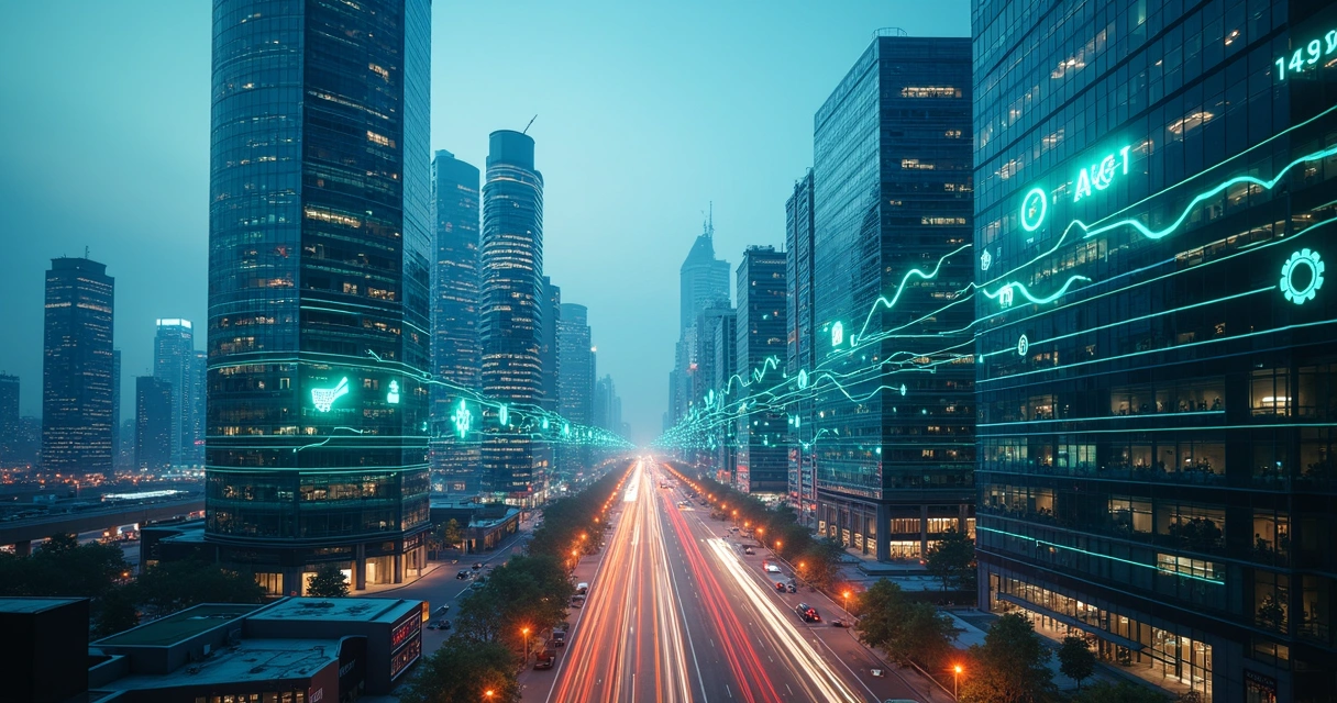 Prédios corporativos com fluxos de dados e ícones de IA ao redor