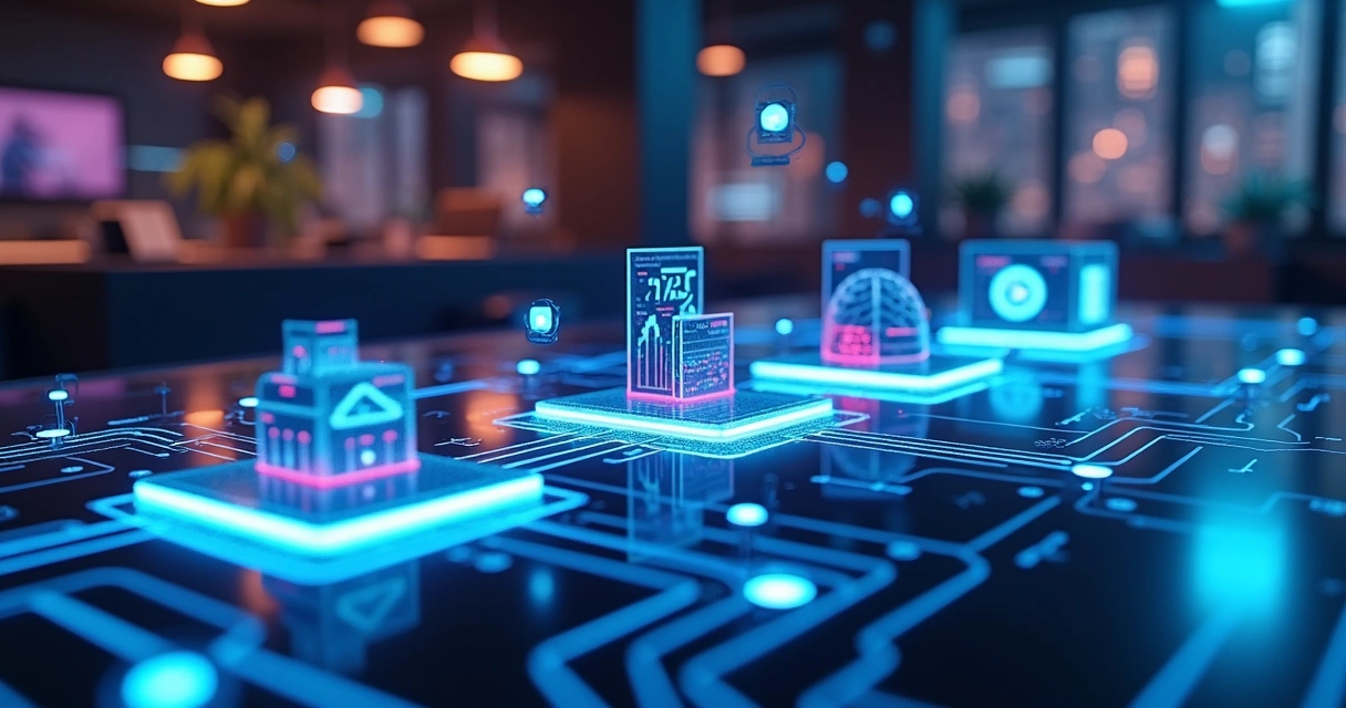 Tabuleiro luminoso conectando ícones de dados publicidade e IA