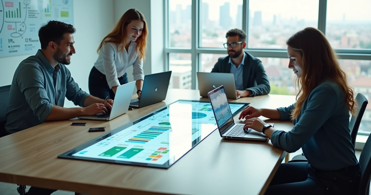 Equipe analisa dashboard de marketing com gráficos em mesa colaborativa