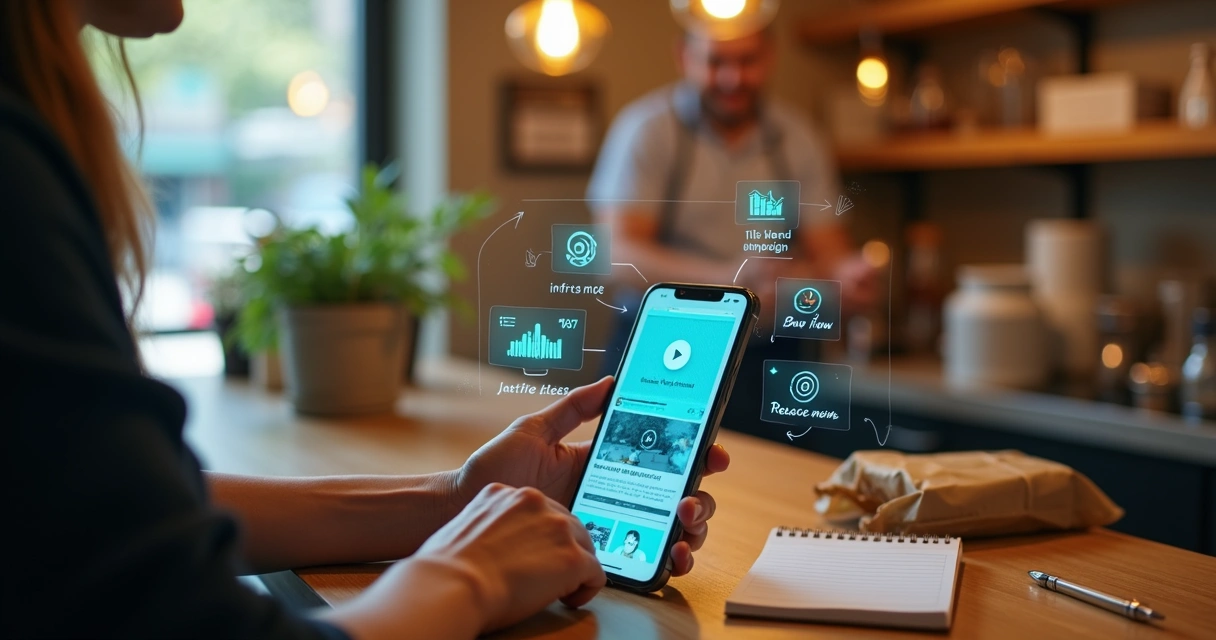 Empreendedora pequena empresária montando anúncios digitais no smartphone em balcão de loja