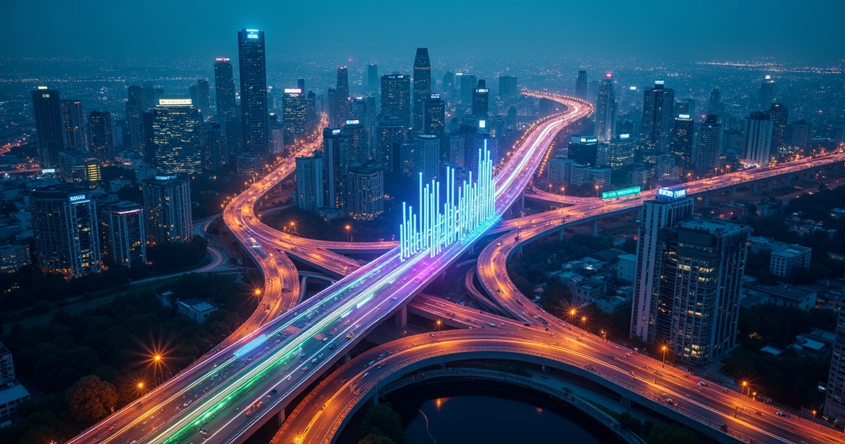 Cidade vista de cima com estrada formando gráfico de marketing digital