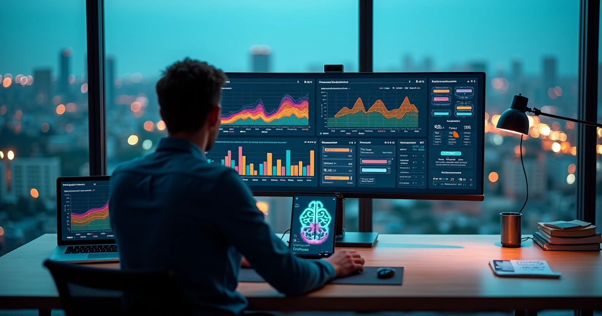 Profissional analisando painel de marketing digital com dados e ícones de IA