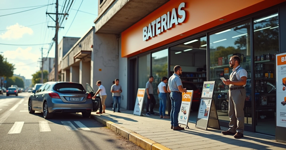 Fachada de loja de baterias movimentada com clientes na calçada