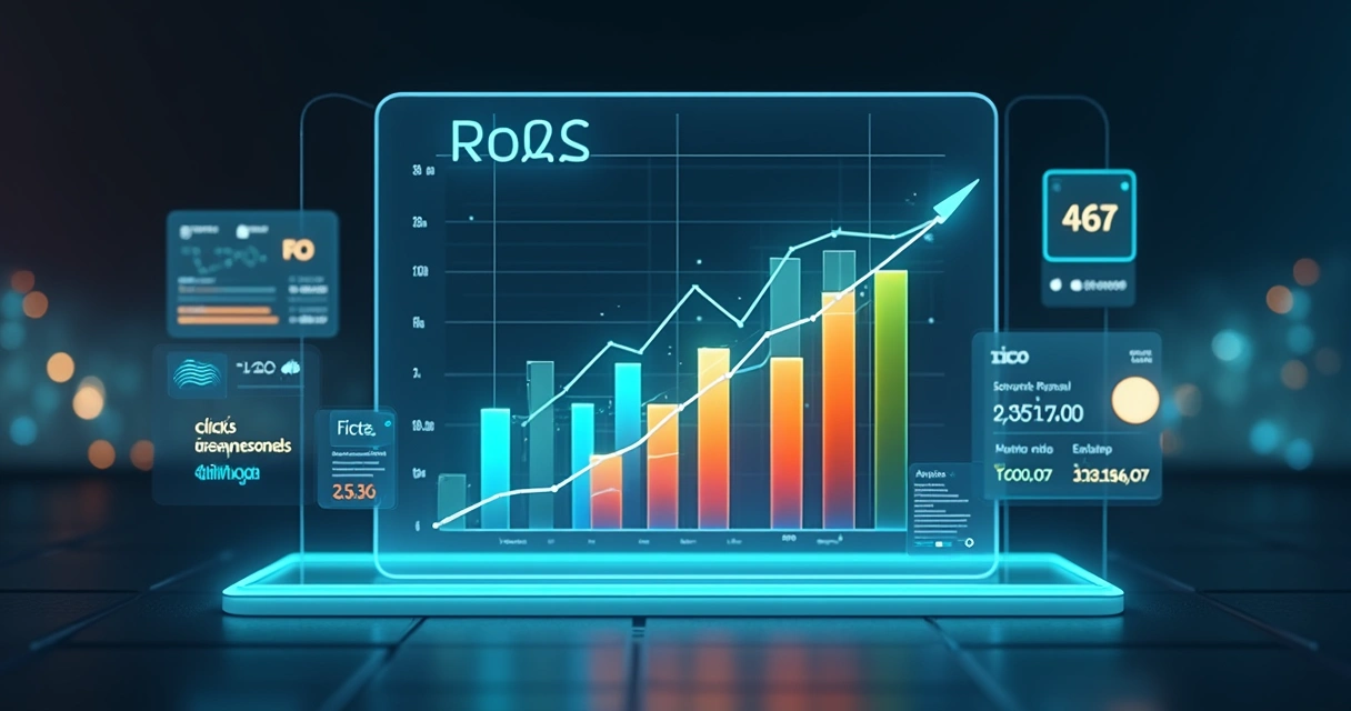 Gráfico colorido de ROAS comparando desempenho de anúncios em tela flutuante