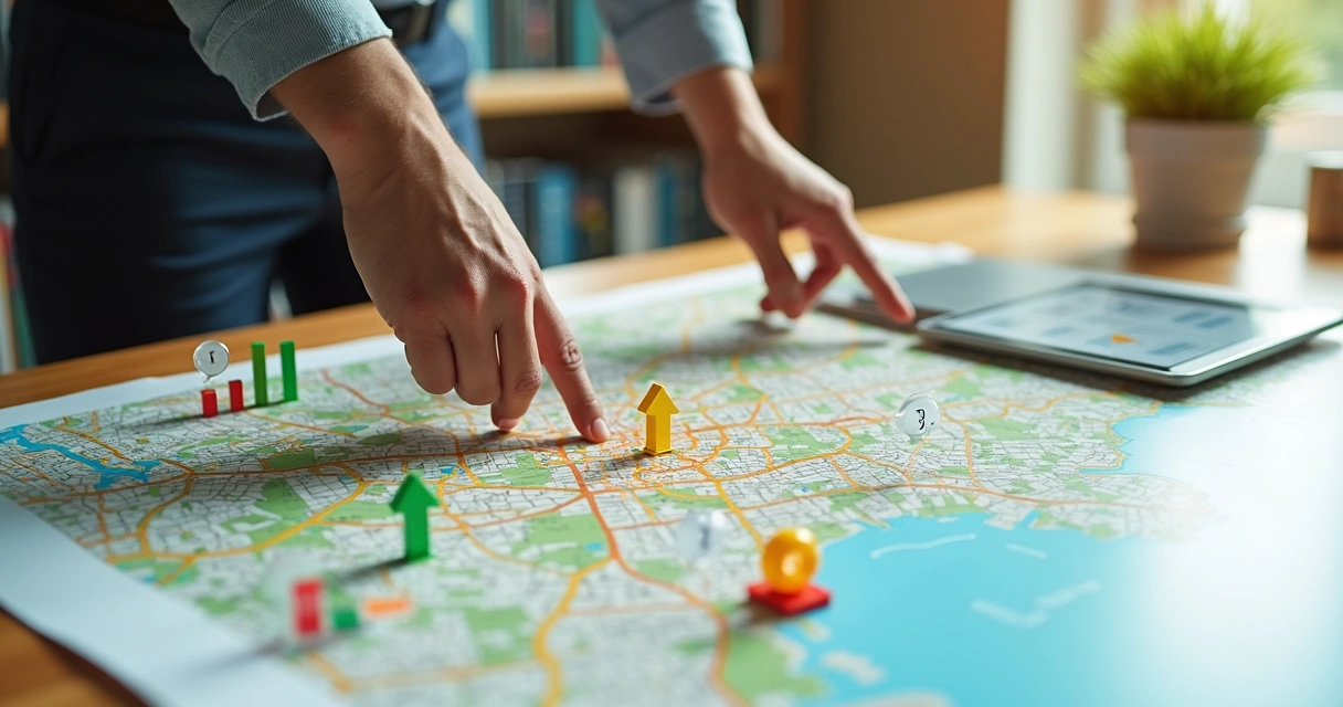 Mapa de cidade com gráficos coloridos destacando ROI em bairros diferentes