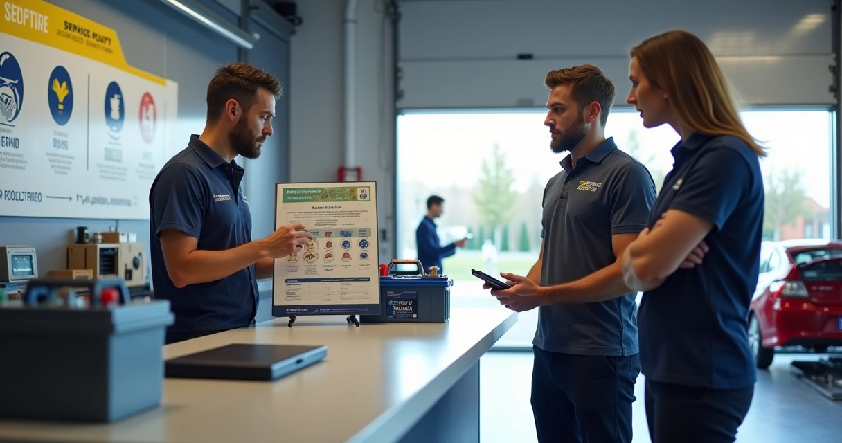 Vendedor de loja de baterias explicando opções para dois clientes ao lado de carro aberto