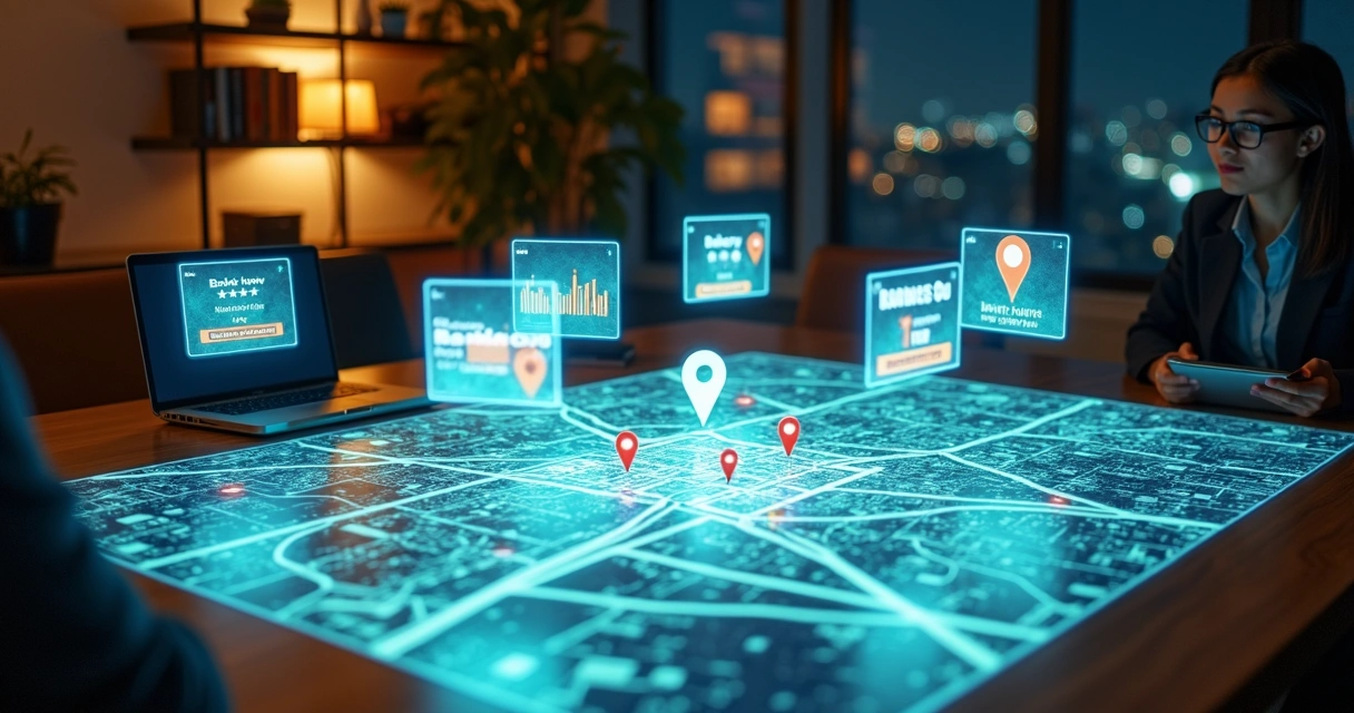 Mapa de bairro projetado em mesa com anúncios digitais em destaque