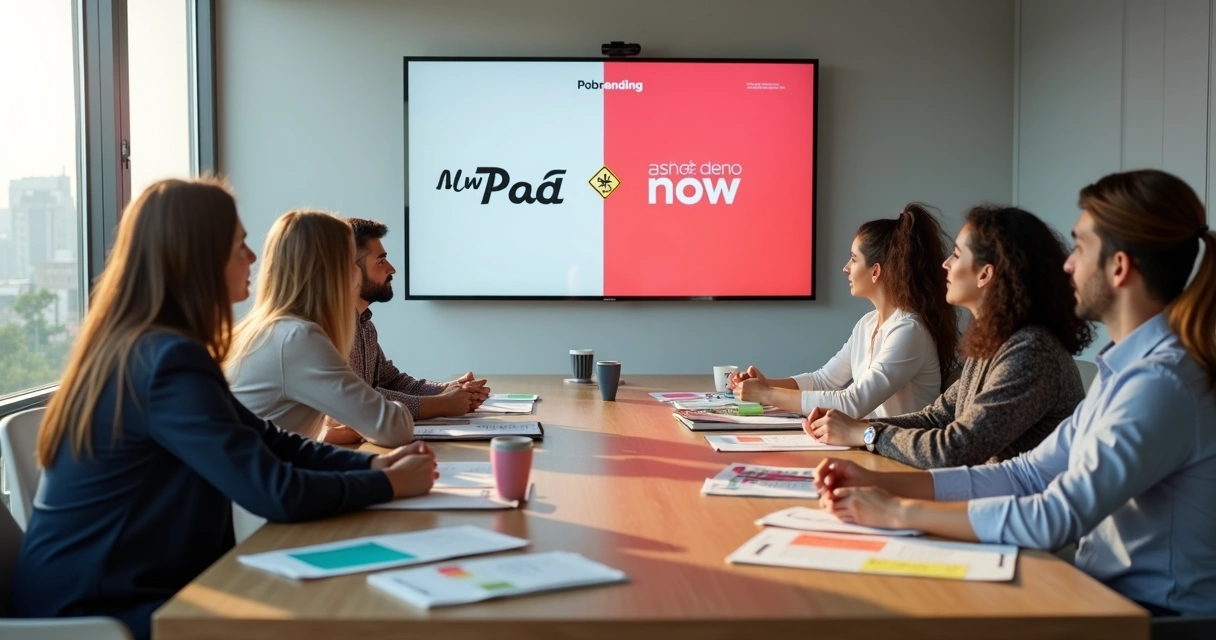 Executivos analisam painel com versão antiga e nova de marca em sala de reunião moderna