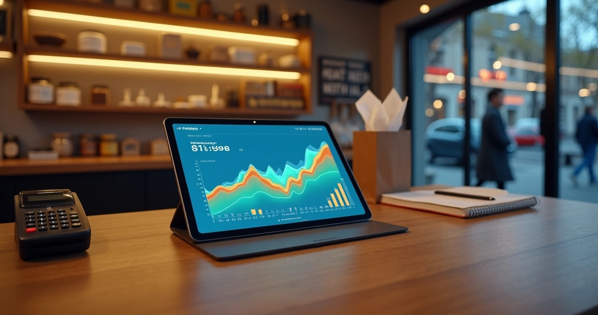 Tablete mostrando previsão de vendas ao lado de balcão de loja