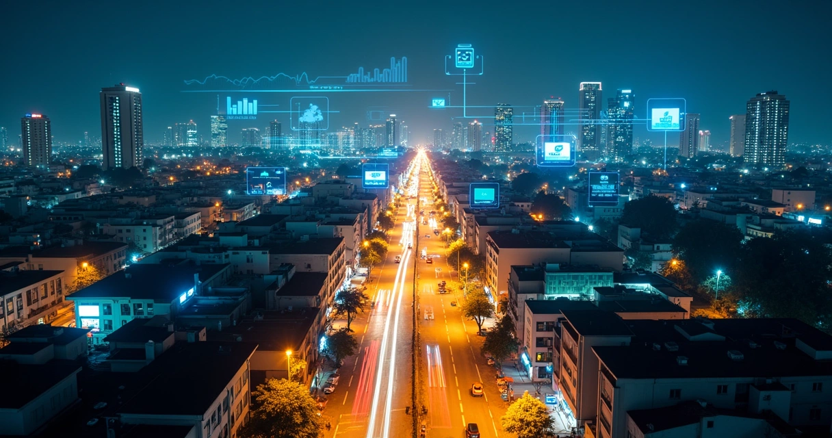 Vista aérea noturna de Feira de Santana com ícones digitais de marketing sobre os prédios